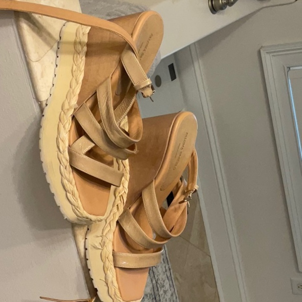 Paloma Barcelo wooden wedge shoes raffia leather 39